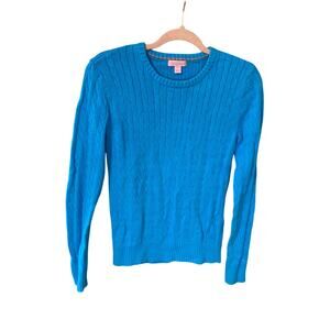 Lilly Pulitzer Y2K Blue Cable Knit Sweater Small Palm Tree Logo Cotton